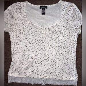 White Tee with Floral Print and Lace Trim
